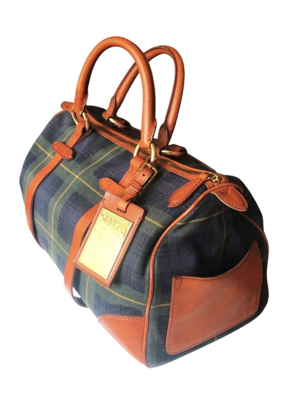 Vintage RALPH LAUREN Black Watch Tartan Tan Leather Trims Duffel Heritage Bag - Picture 2 of 9